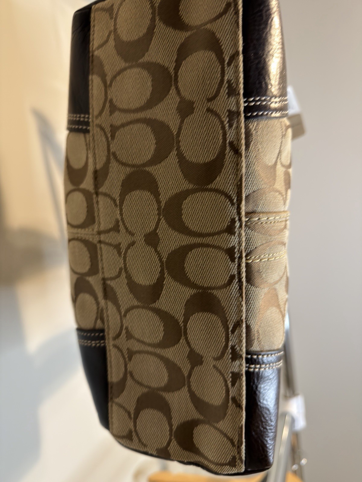Coach Signature Monogram Brown/Beige Medium Tote Zip Top, Inner Pockets