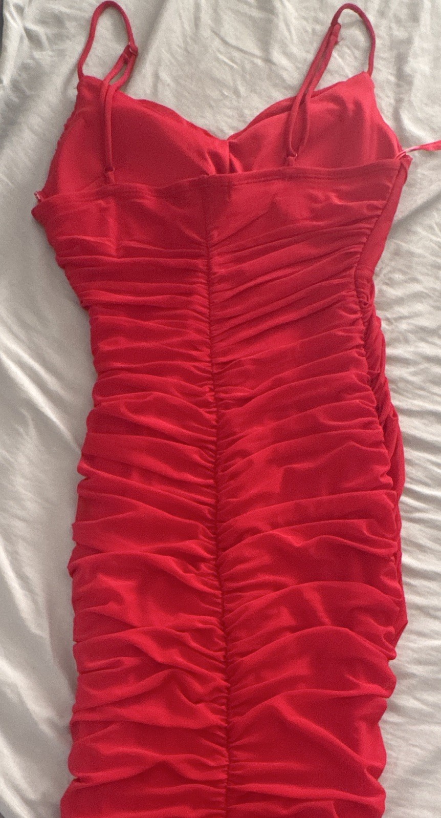 Lulu’s Red Ruched Mesh Sweetheart Bodycon Midi Dress Spaghetti Straps M