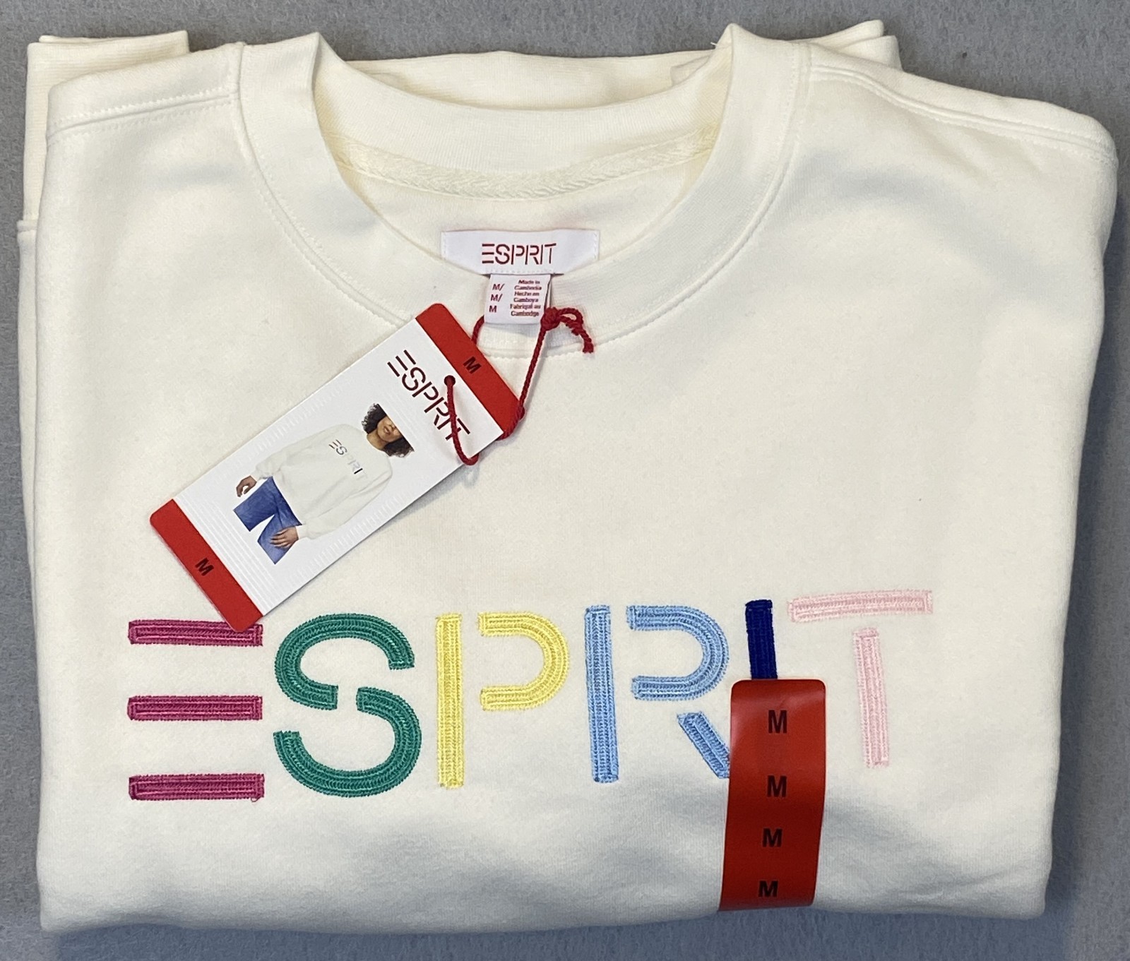 Medium Esprit Women’s Logo Fleece Crewneck Sweatshirt M Cream Viral 80’s Costco
