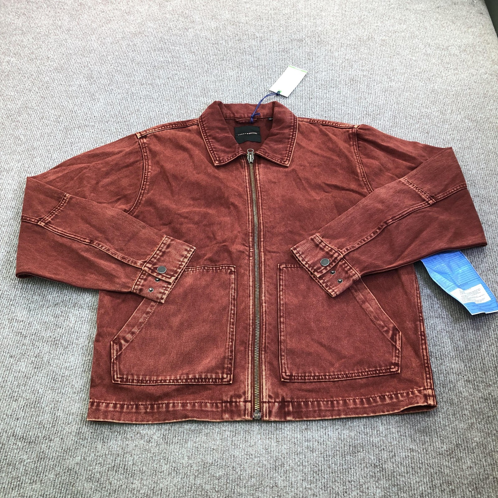 Lucky Brand Jacket Mens Medium Red Denim Washed Twill Workwear Bomber Full Zip