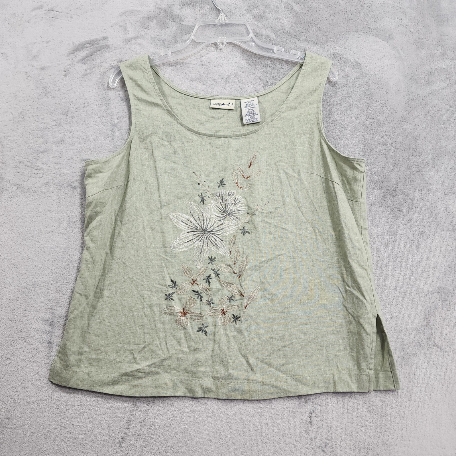 Vintage White Stag Top Womens L Green Linen Rayon Scoop Neck Embroidered Tank