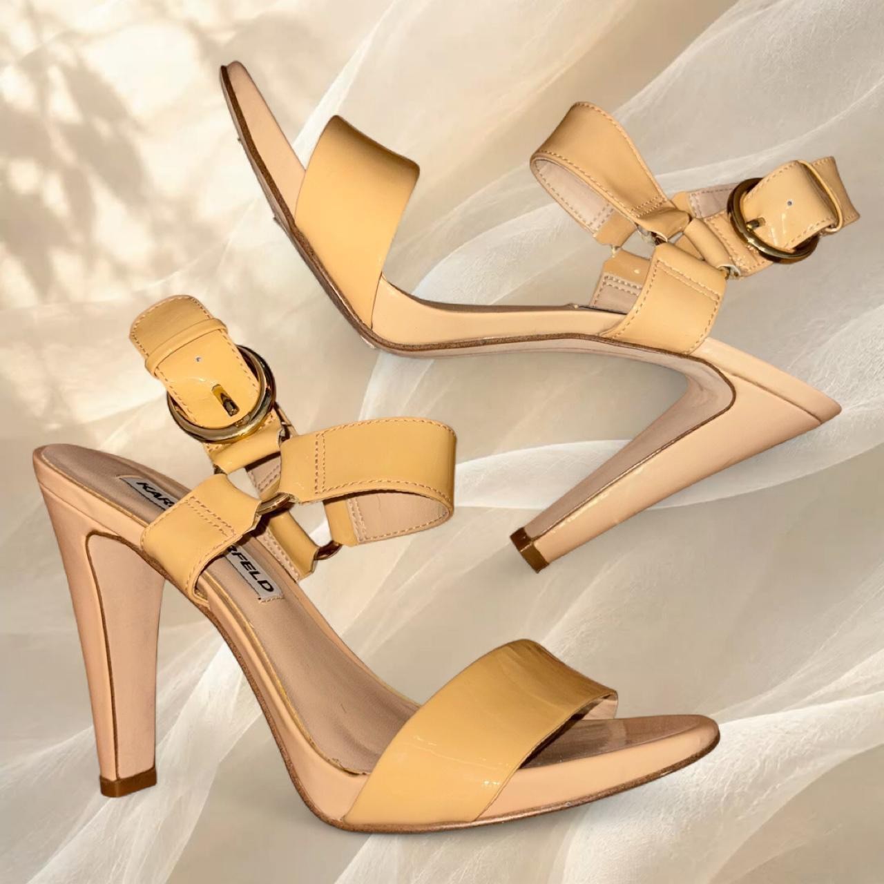 Karl Lagerfeld Nude Patent Leather Ankle Strap Block Heels Sandals 7