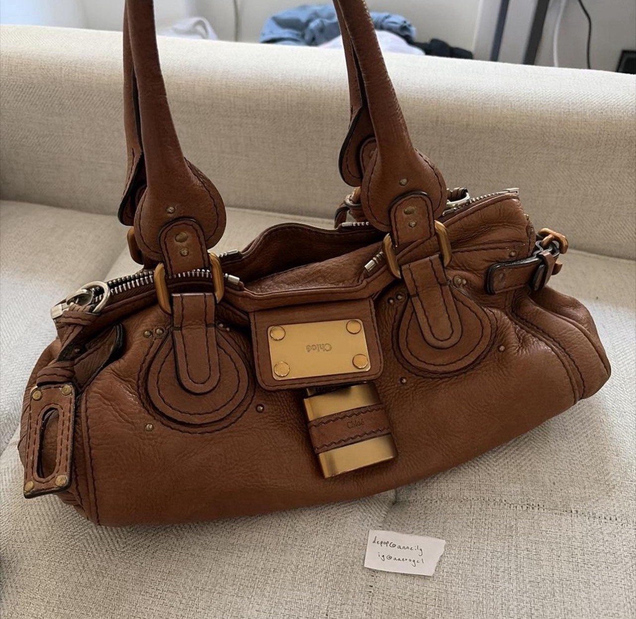 Chloé Brown Satchel Padlock & Key, Studded Bottom, Zip Closure, Gold/Silver