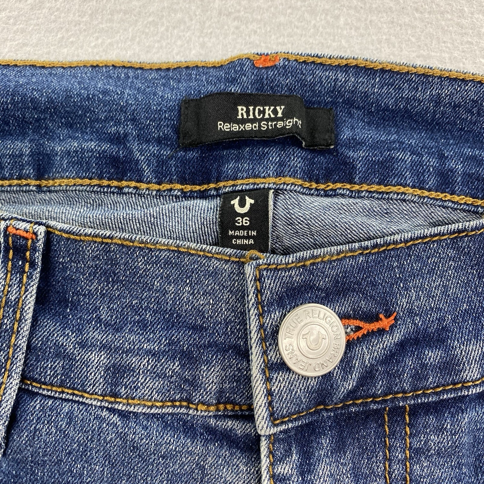 True Religion Jeans Mens 36×34 Blue Denim Ricky Relaxed Straight Flap Pockets
