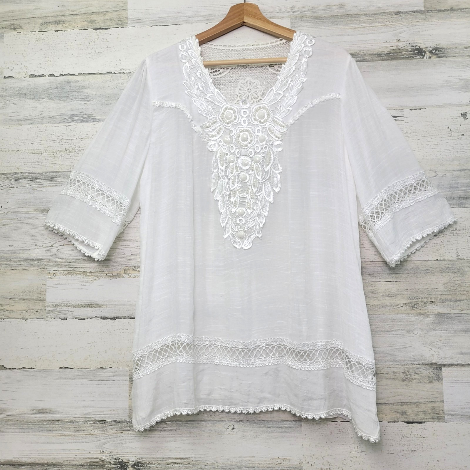 Pretty Angel White Crochet Trim Blouse L Pearl Embellished Scoop Neck Sheer Top