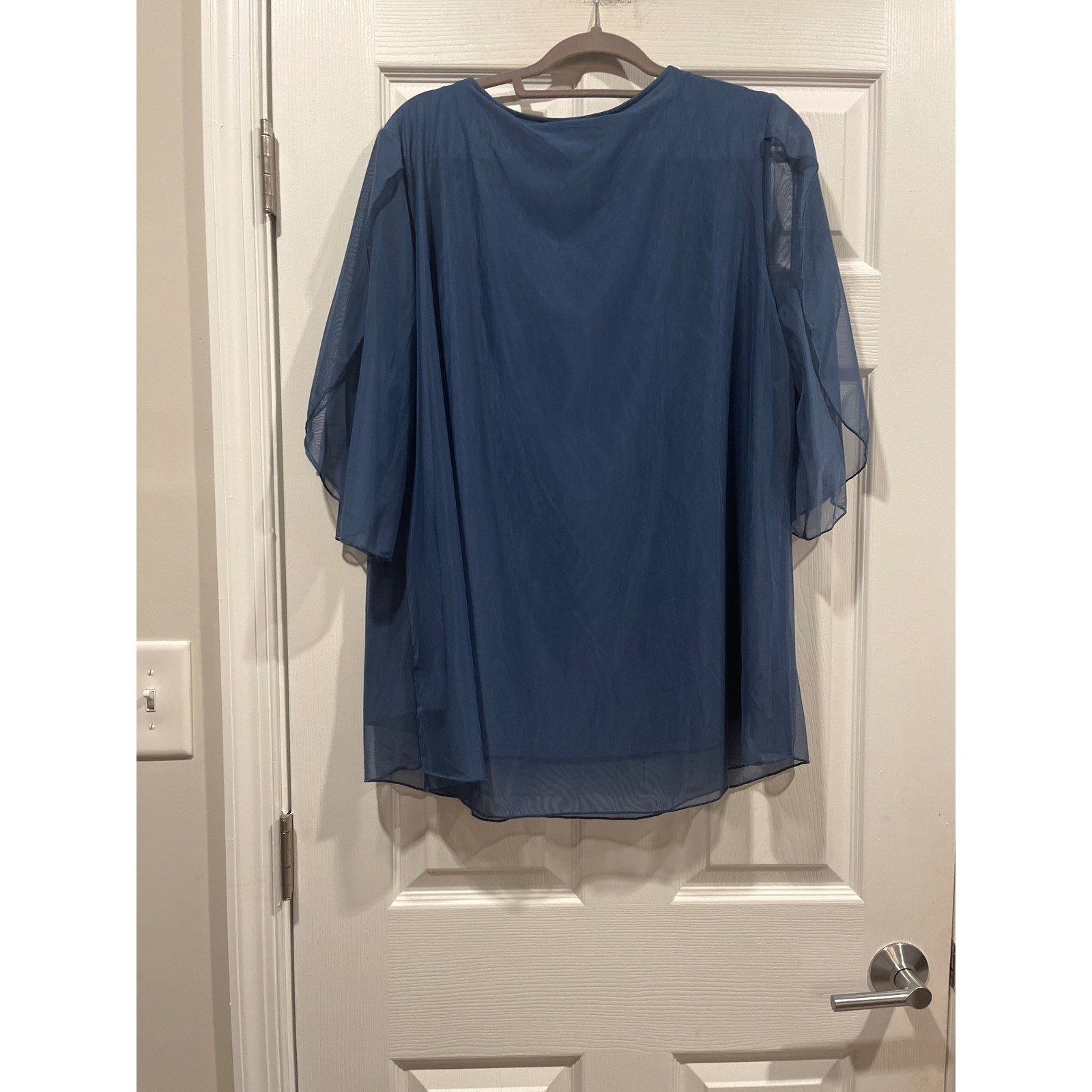 Sese Code Blue Mesh Overlay Blouse XXL Short Flutter Sleeve Layered Scoop Neck