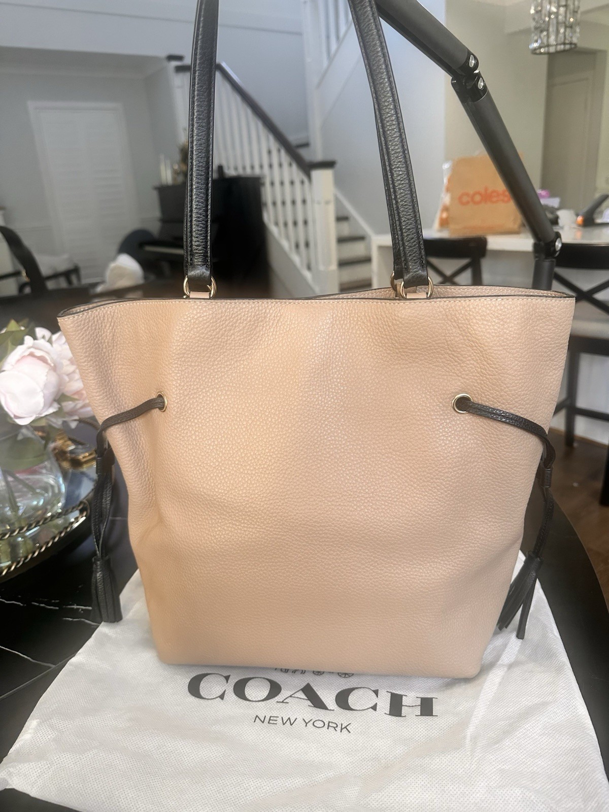 COACH Auth Andy Horse & Carriage Leather Tote Bag Beige Taupe Casual Authentic