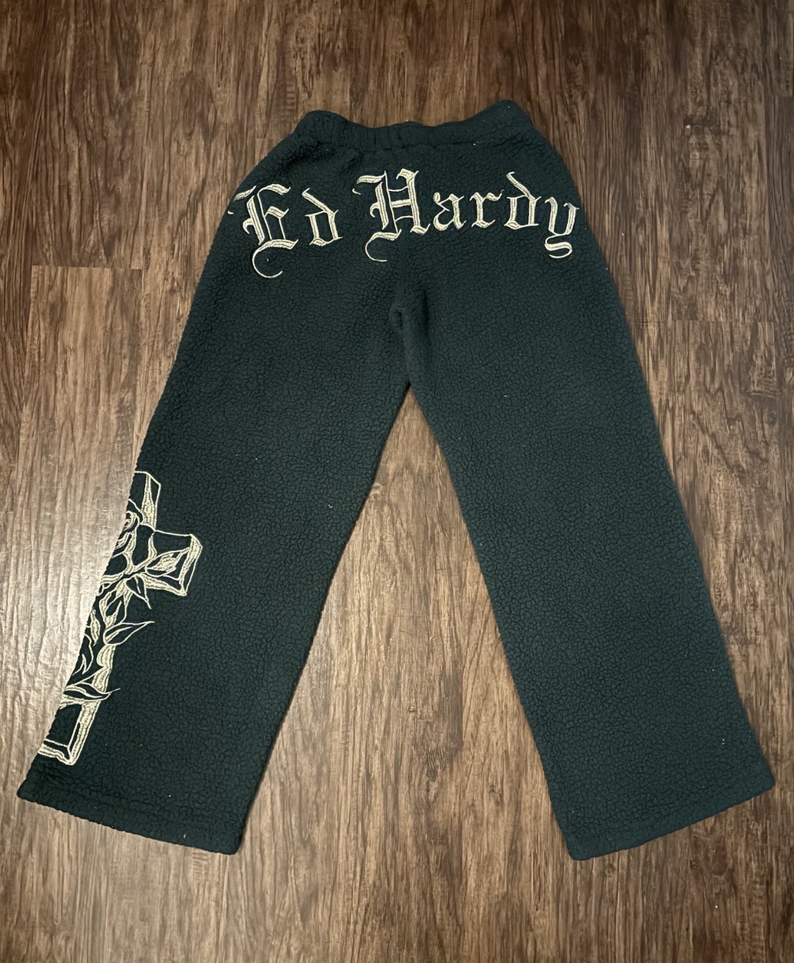 Ed Hardy Women’s Black 2pc Fleece Zip Hoodie & Pants Set Rose Graphic S