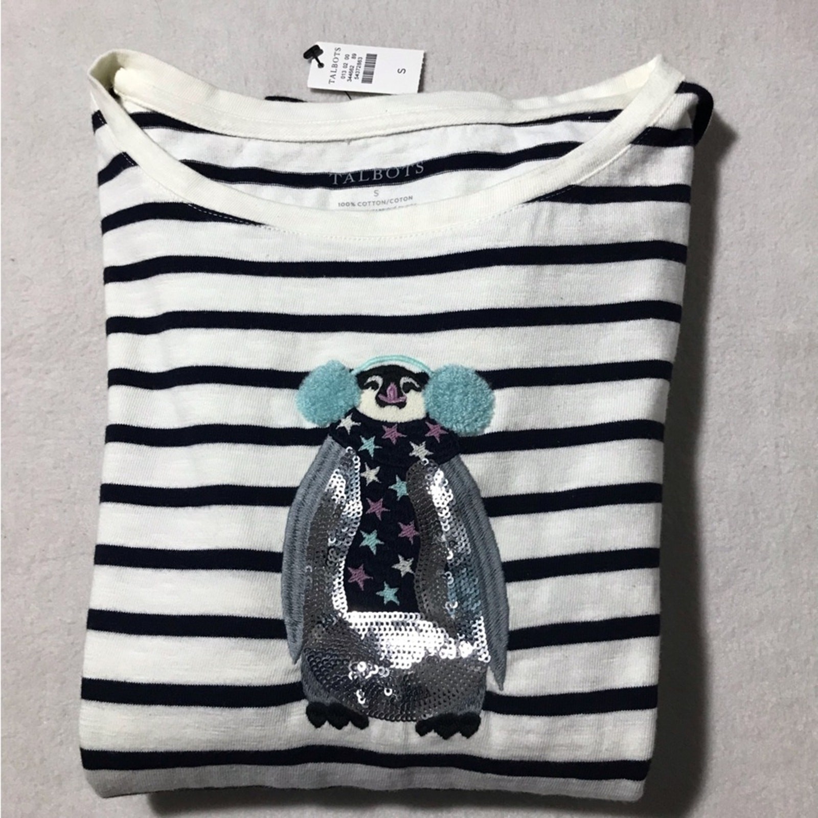 Talbots cotton long sleeve top nautical stripes embroidered penguin sequins S