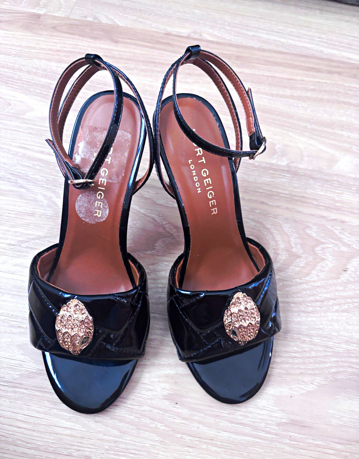 Kurt Geiger London Black Patent Leather Open Toe Ankle Strap Stiletto EU 38