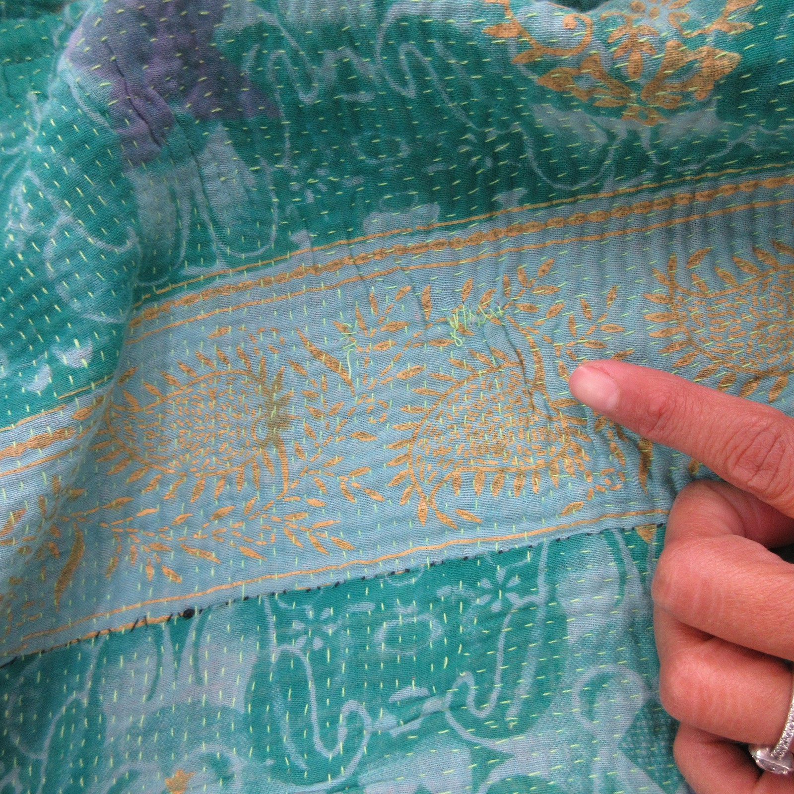 Sapana Coat Womens One Size Green Quilted Kantha Blanket Floral Boho Open Front