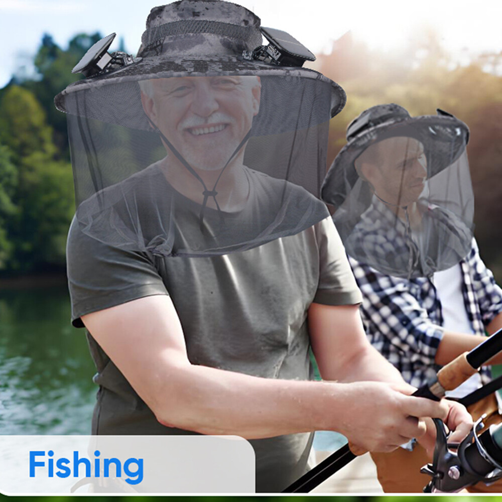 Mosquito Net Hat With Solar Fan Wide Brim Fishing Outdoor Men Women Sun Cap Gift