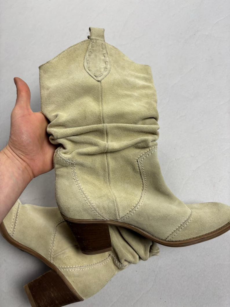 Vintage Style Suede Slouchy Ankle Boots Western Block Heel Bootiees Boho Cowgirl