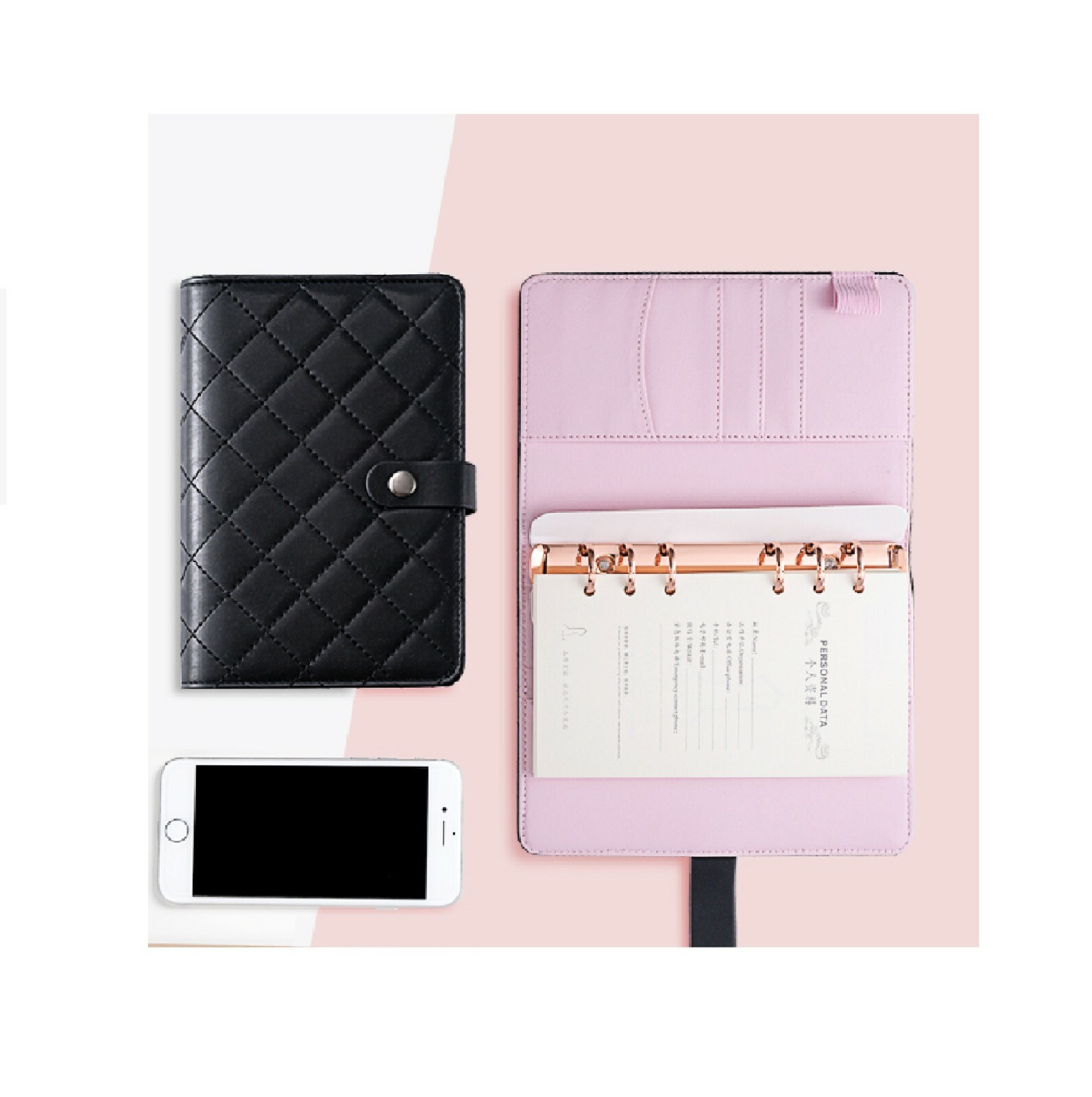 💗 Luxury Black Quilted Checkered A6 A5 Agenda Binder Planner Cash Envelope