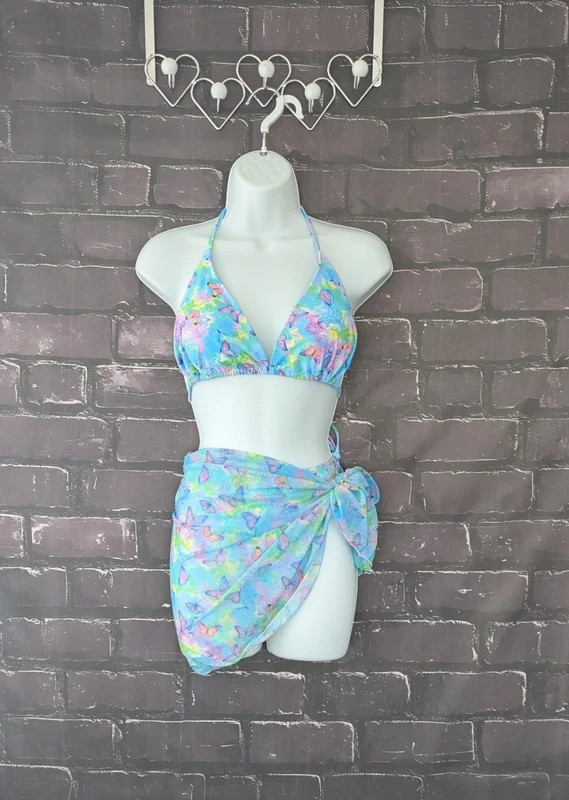 Women’s Bikini Sarong Set UK12 turquoise butterfly print string padded high leg