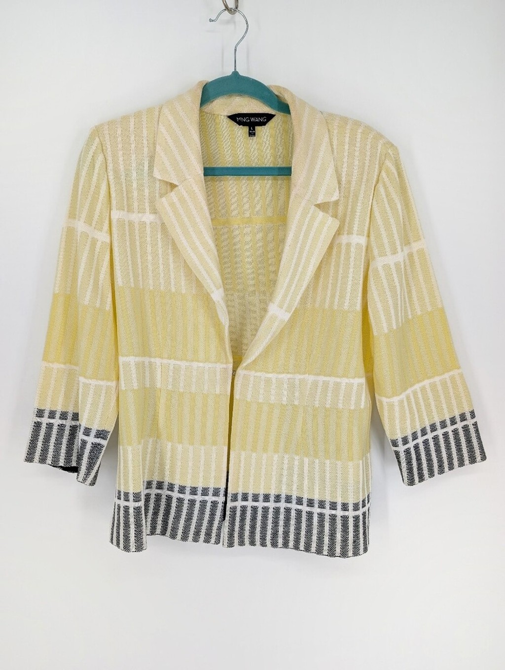 Ming Wang Textured Knit Jacket 3/4 slv Yellow White Black Acrylic Large Office
