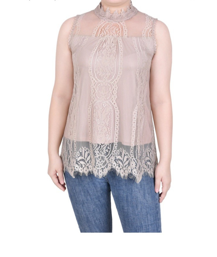 NY Collection Women’s Beige Sleeveless Mock Neck Lace Top ~ Size XL ~ NWT