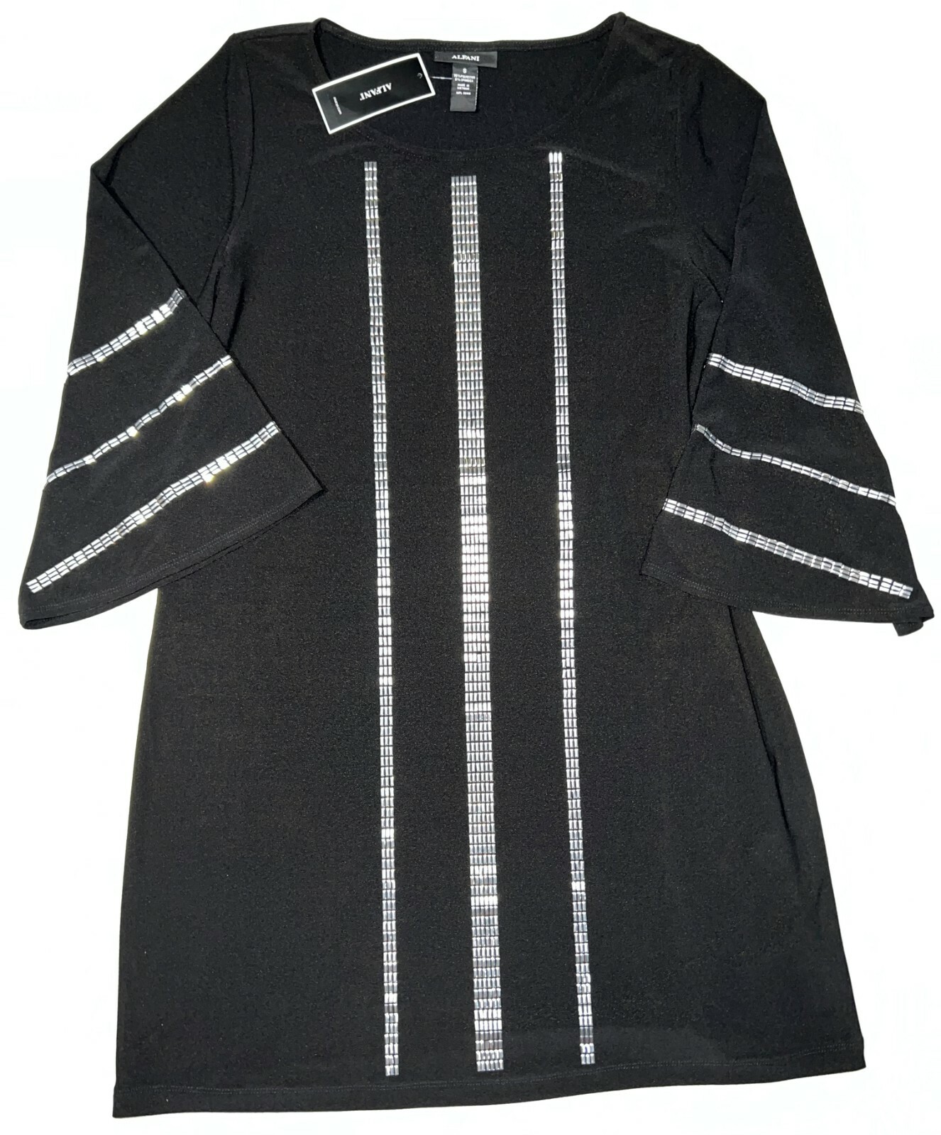 NEW Alfani Noveau Rossa Black Metal Accents Stretch Bell Sleeve Dress Women’s S