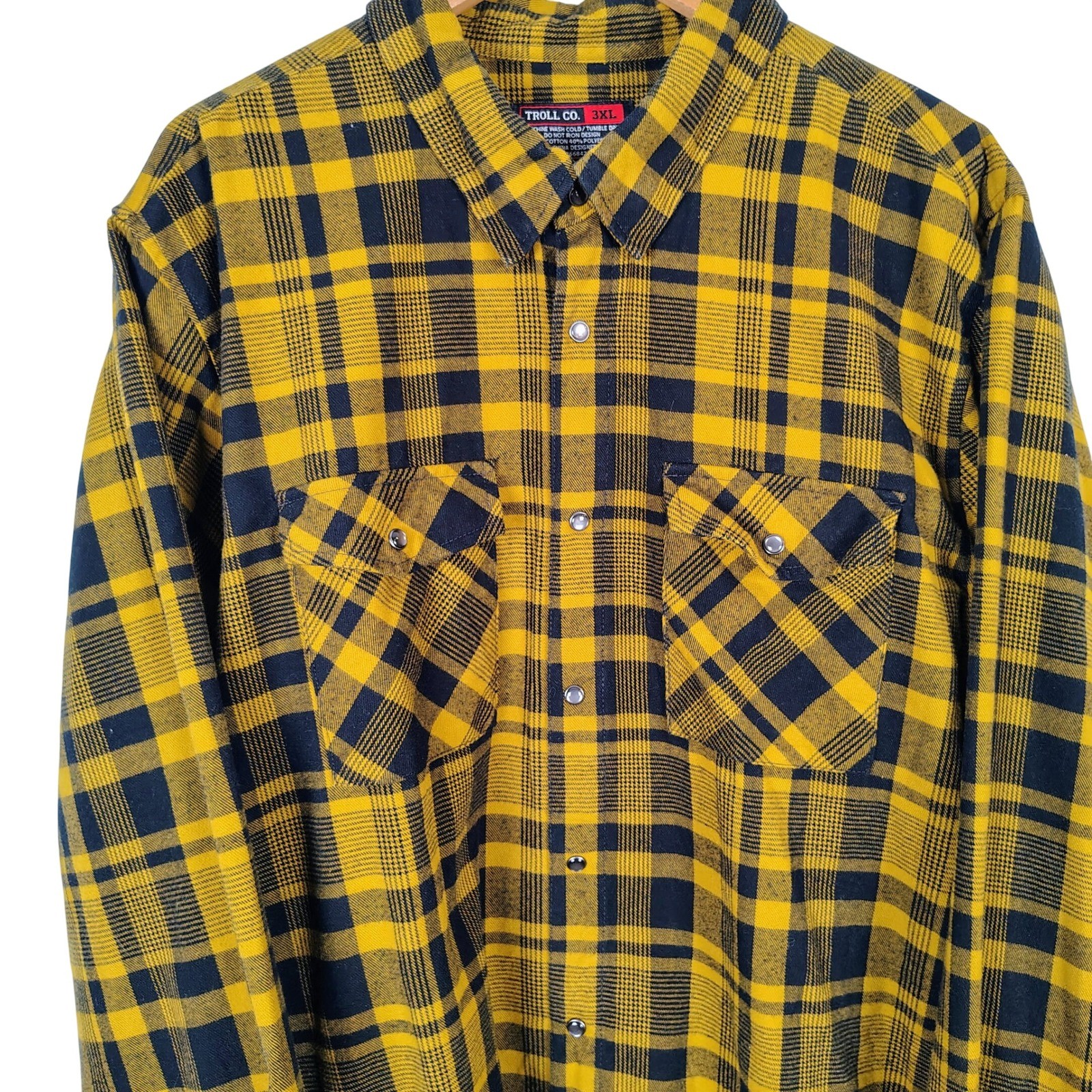 Troll Co. Mens 3XL Yellow Black Plaid Heavyweight Flannel Shirt Dirty Hands CM