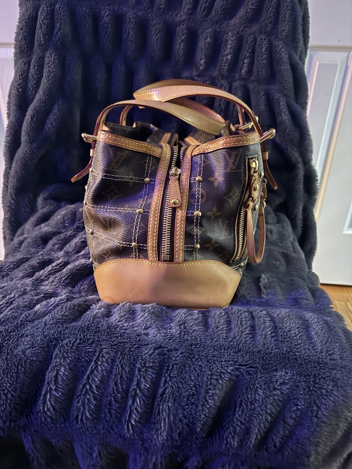 Louis Vuitton Monogram Denim Pleaty Shoulder Bag Brown Tan Trim Zip Dust Bag