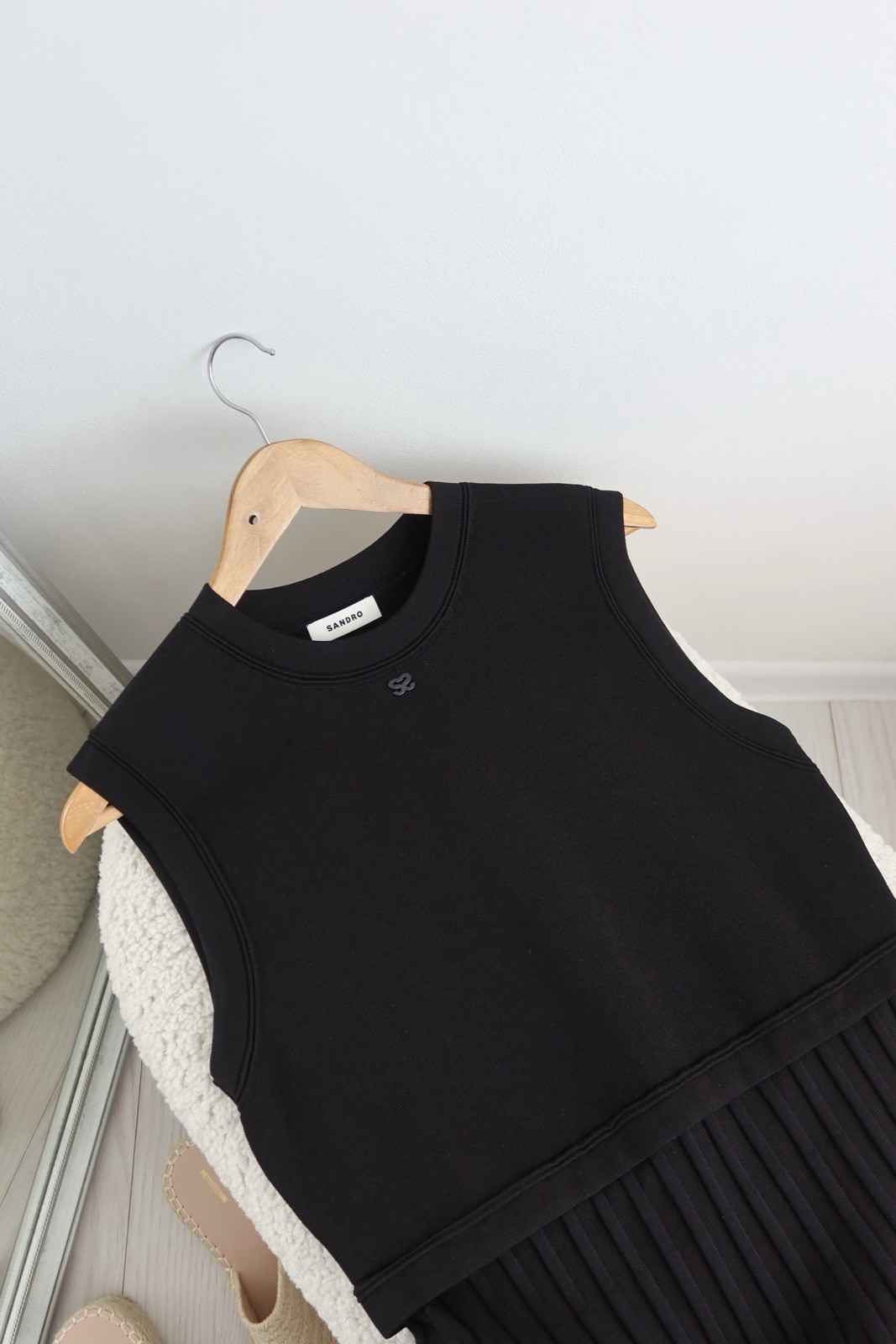 Sandro black pleated stretch-knit mini dress size M/L
