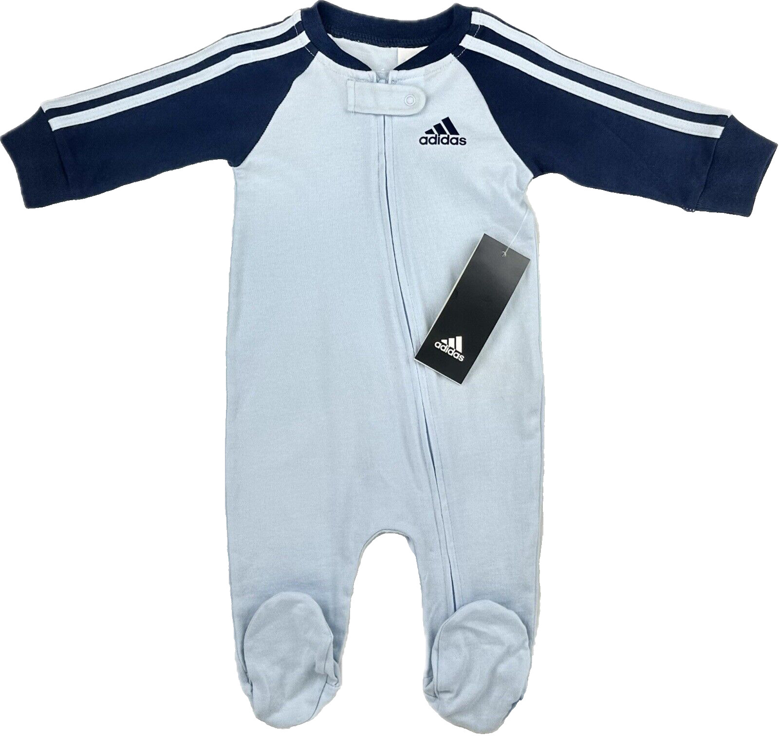 Adidas Baby Blue Cotton Long Sleeve Footed Striped Logo One Piece Coverall 6 MO