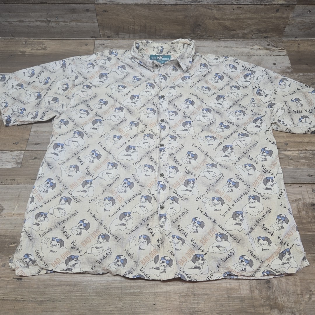 BIG DOG SHIRT MEN LARGE CASUAL ALL OVER PRINT BULLDOG BERNARD PITTI SAYING 2XL