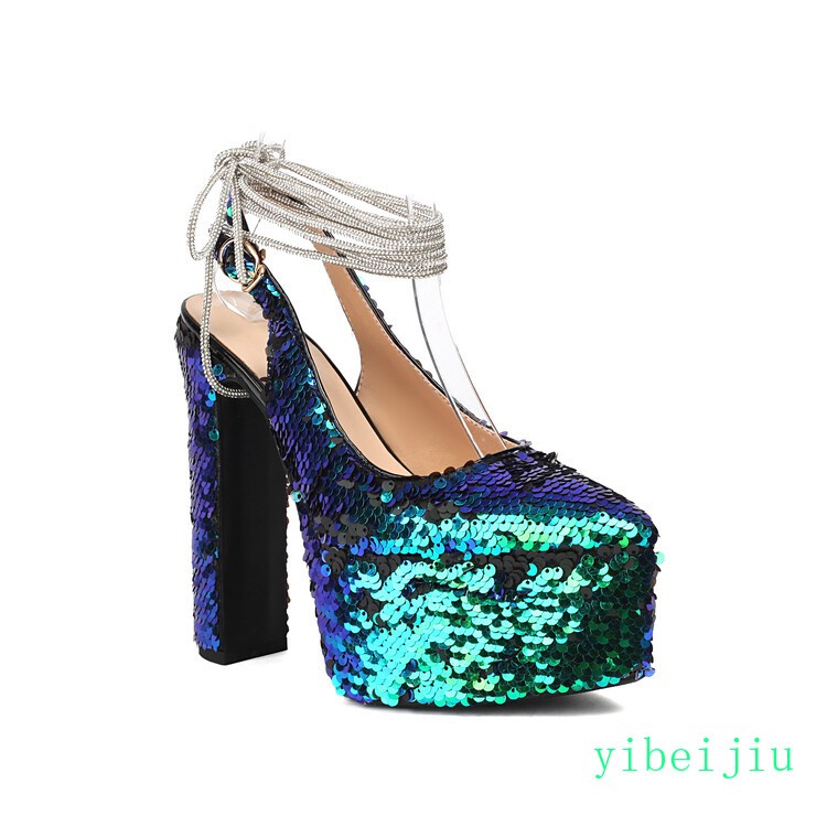 Women’s Detachable Chain High Heel Slingbacks Glitter Sequins Shoes Performance