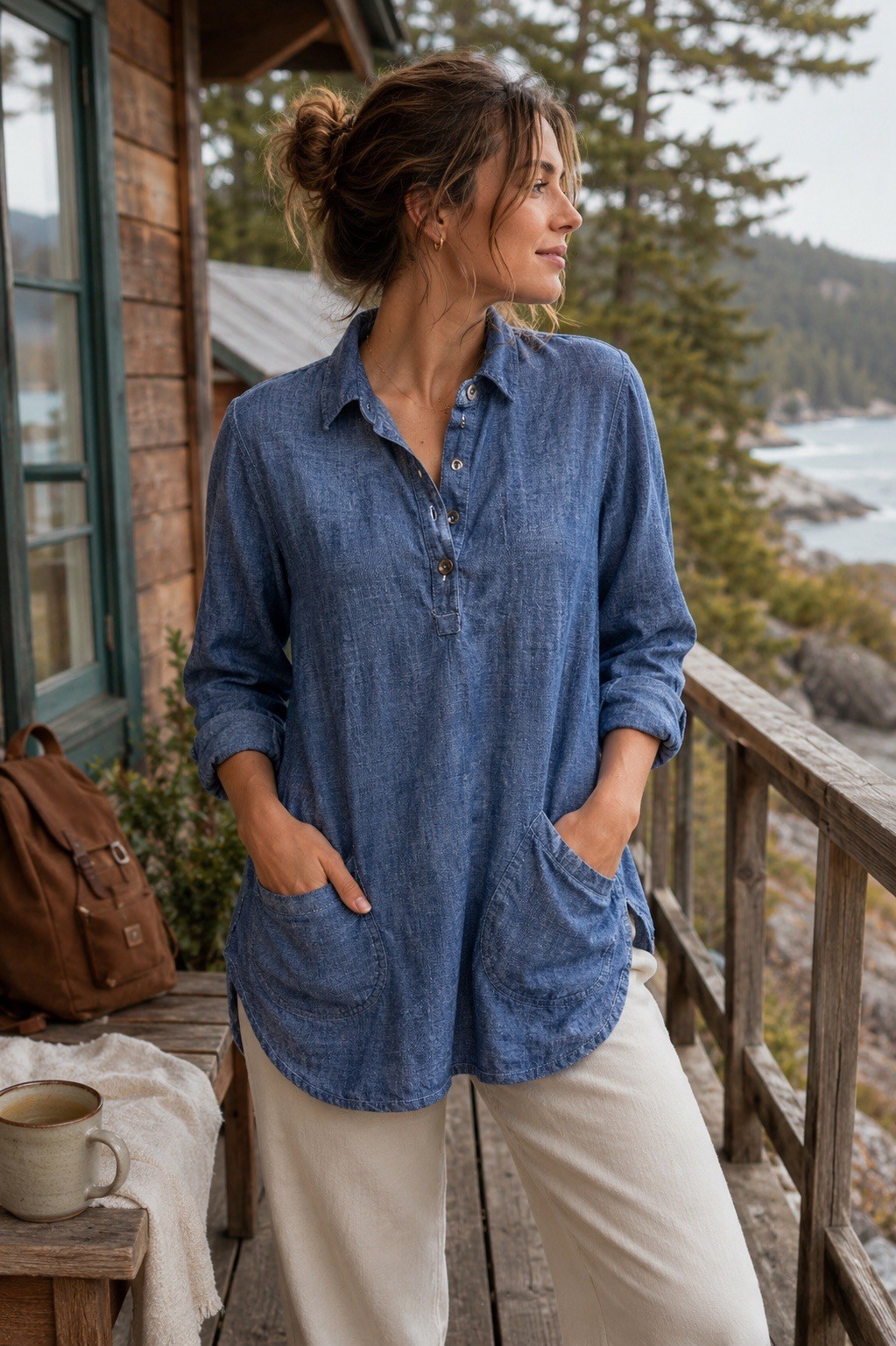 Royal Robbins Chambray Linen Blend Popover Gorpcore Shirt Blue M Travel Safari