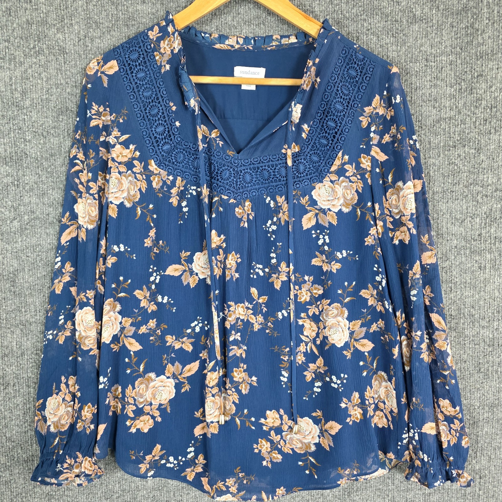 Sundance 100% Silk Blouse XS Blue Floral Boho Peasant Prairie Cottage Top Tunic