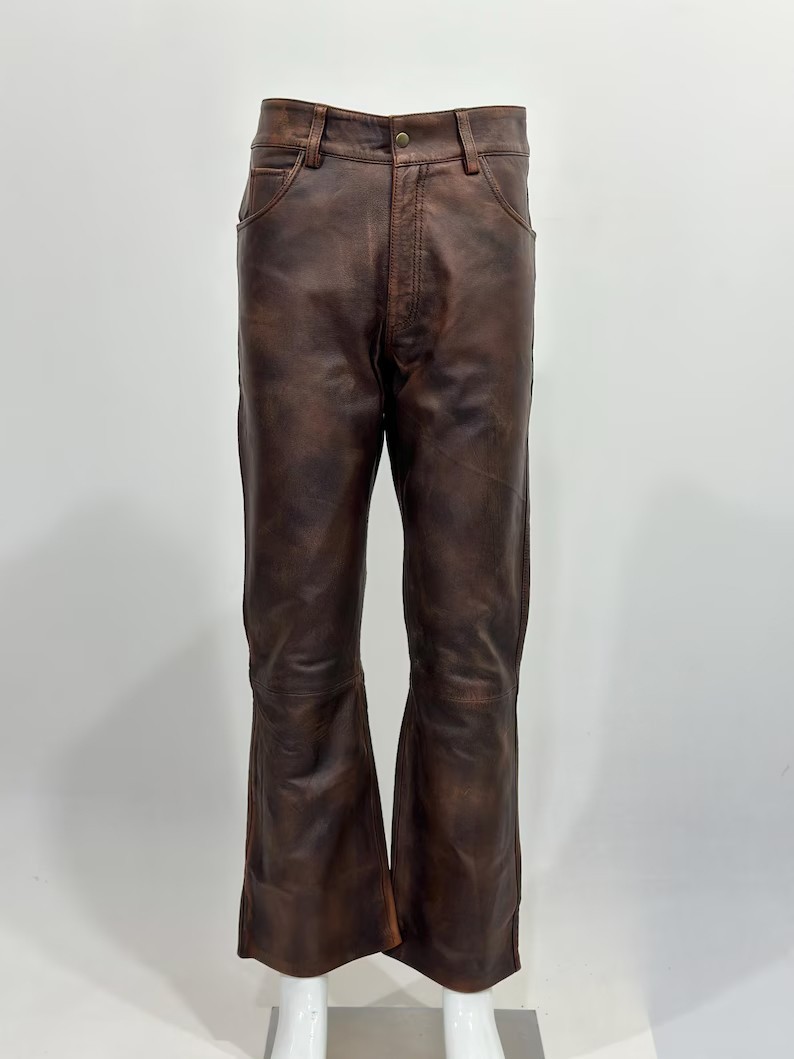 Men’s Brown Distressed Leather Biker Pants Slim Fit Cafe Racer Trousers