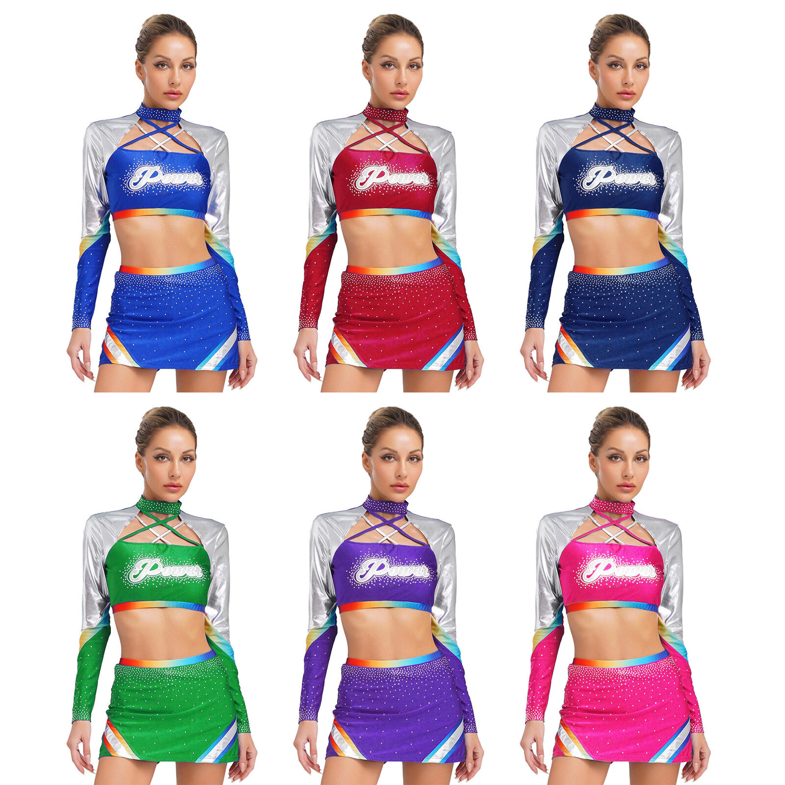 Women Cheerleading Uniform Dance for Teen Long Sleeve Crop Top with A-line Skirt