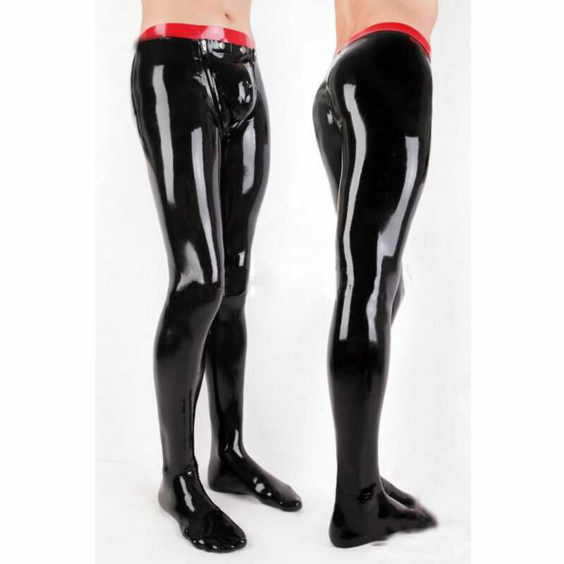 Men Latex Rubber Pants Trousers with Socks Crotch Inside Hide Openning JJ Hole