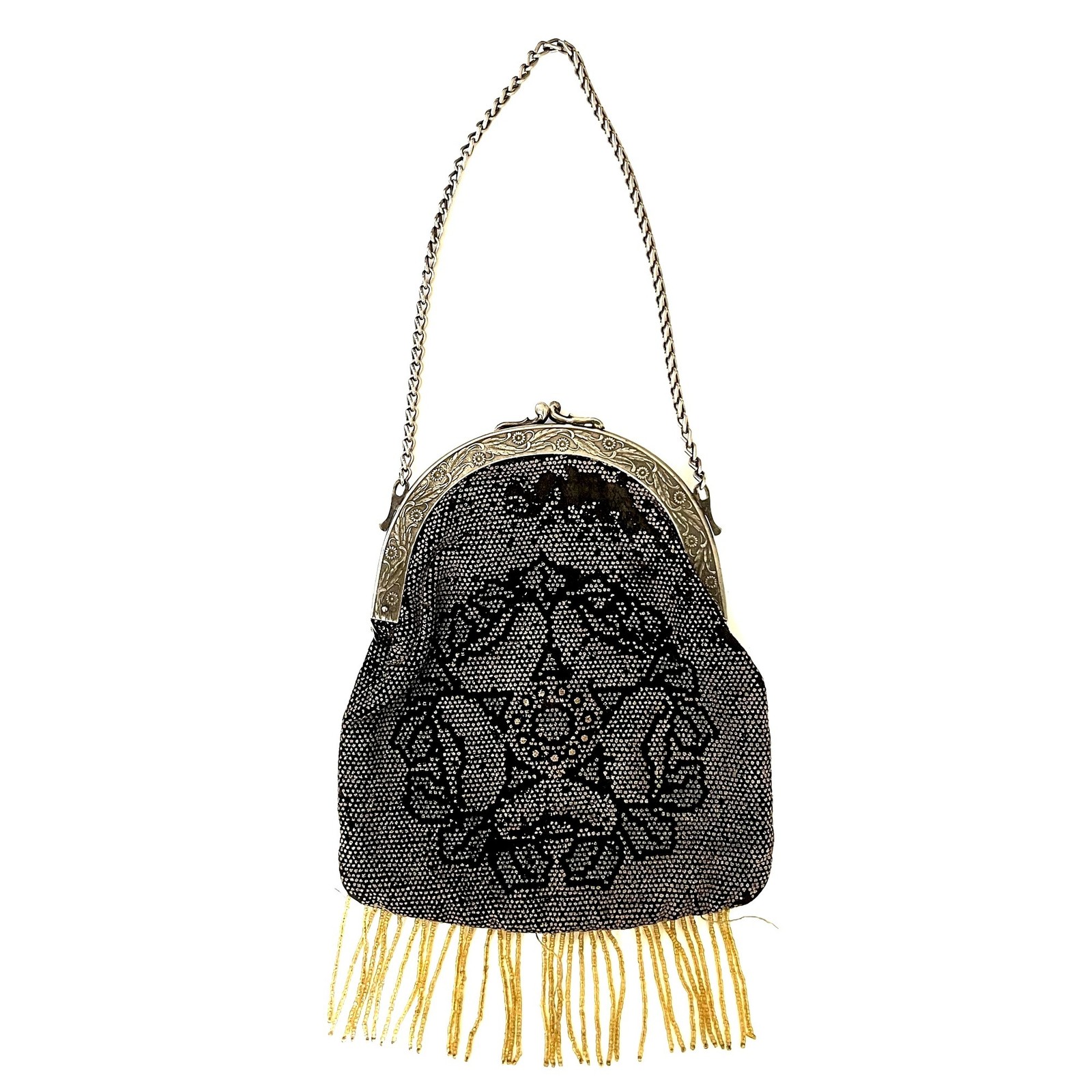 Antique Victorian Steel Cut Fabric Hand Beaded Fringe Floral Handbag Purse