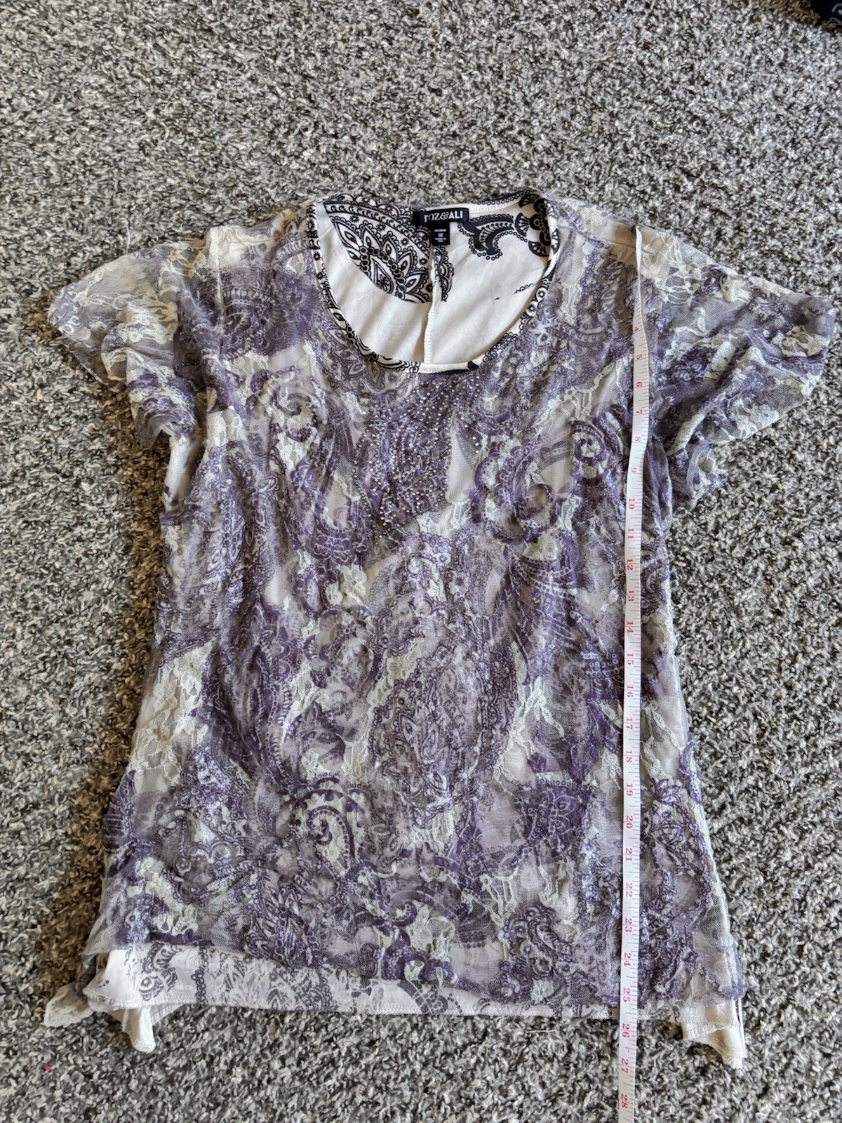 roz&ALI Women’s Plus 1X Purple/Beige Paisley Lace Beaded Scoop Neck Top