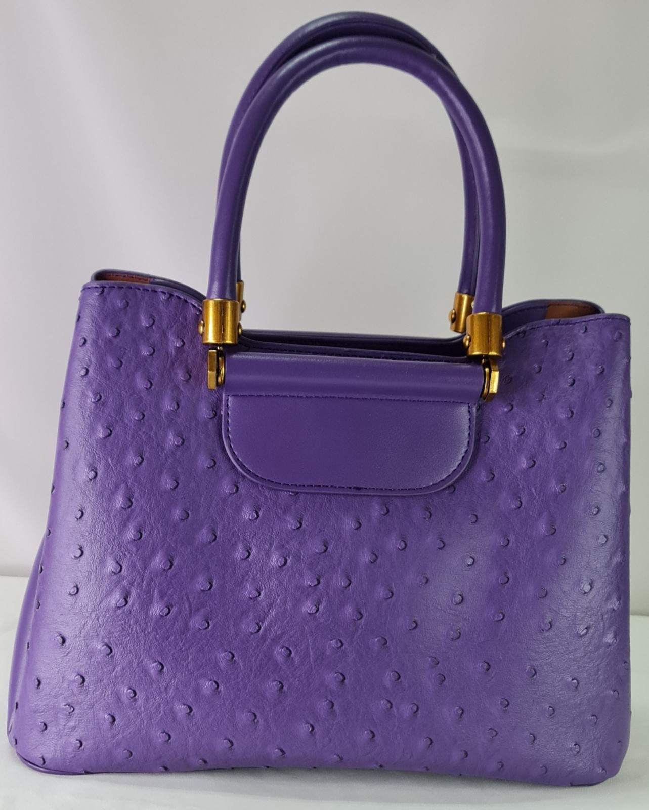 Purple Ostrich Embossed Cow Leather Satchel Top Handle Crossbody Bag Gold Zip