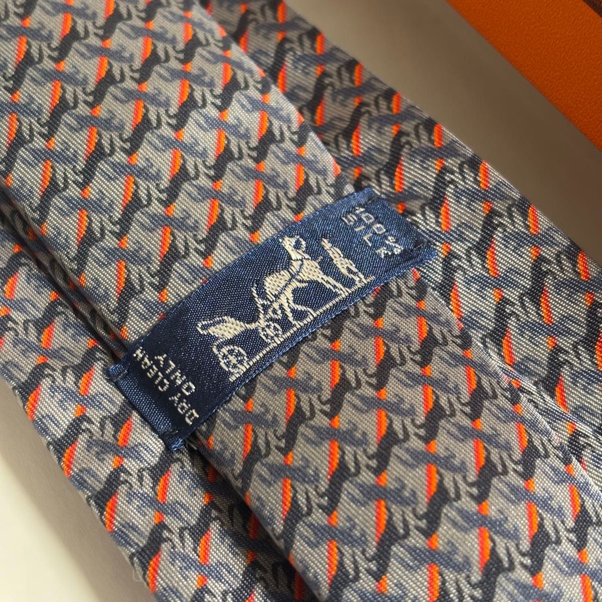 HERMES Tie High Quality Silk Gray Orange Horse Pattern 549084984