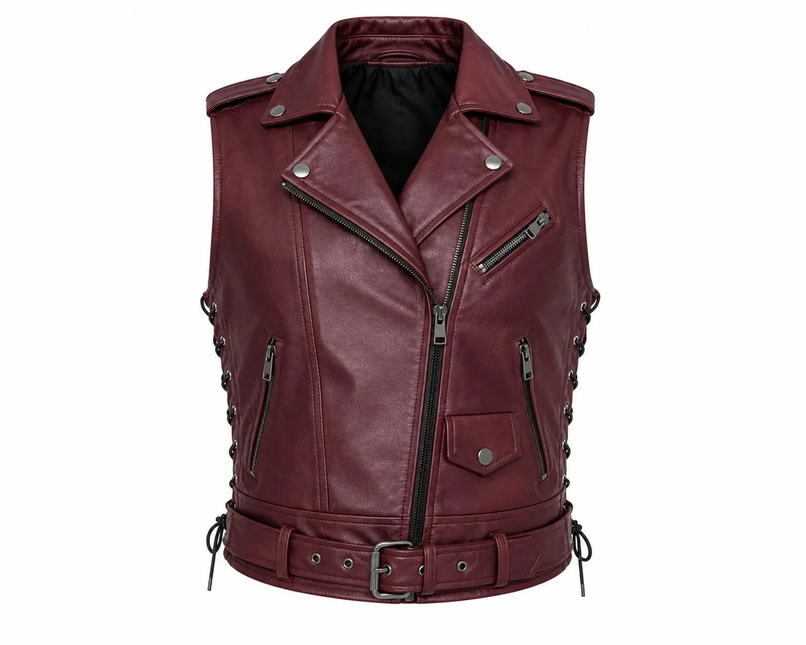 Men’s Burgundy Leather Biker Vest – Asymmetrical Zip Motorcycle Waistcoat