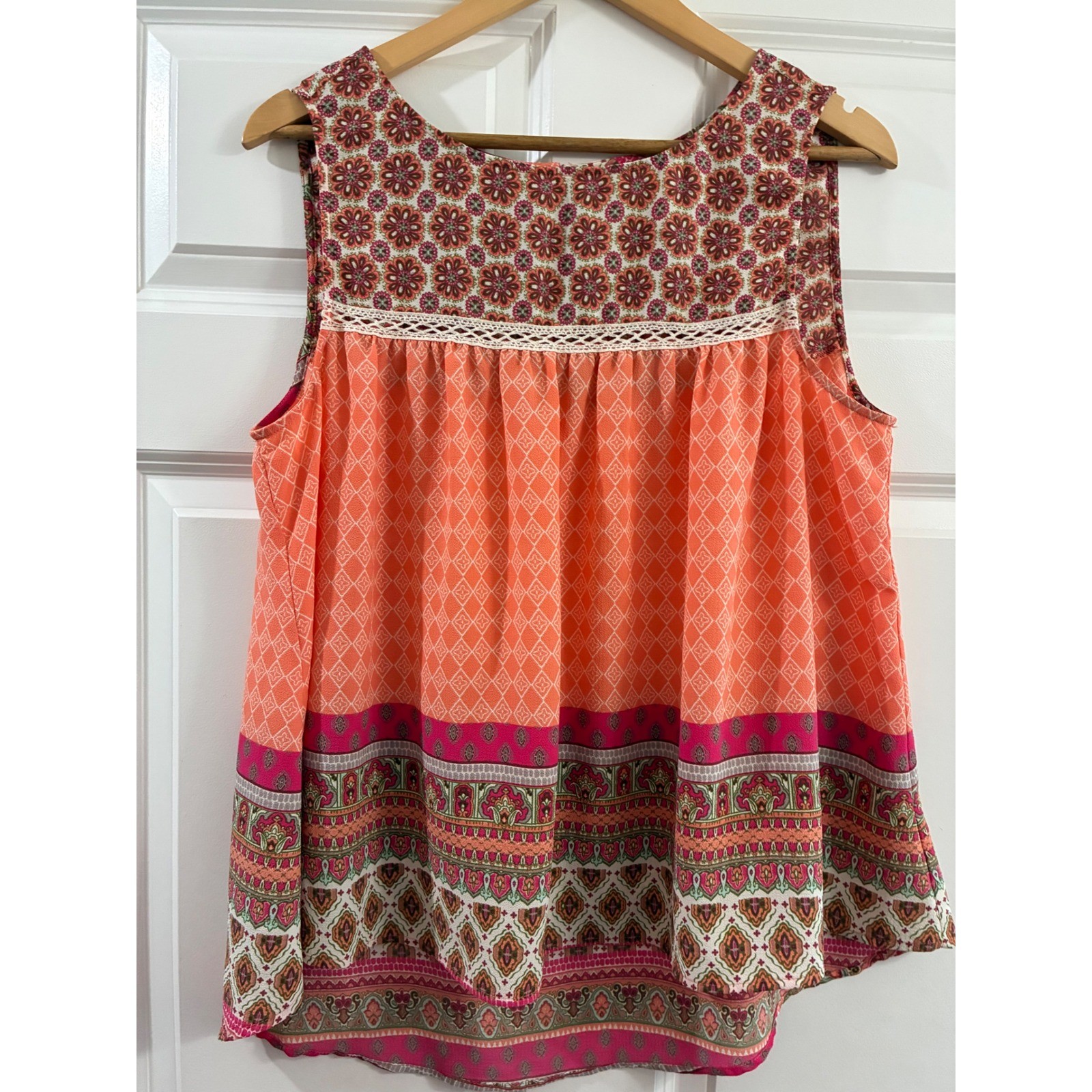Fig and Flower Orange Pink Floral Geometric Sleeveless Blouse TIL1123 Large