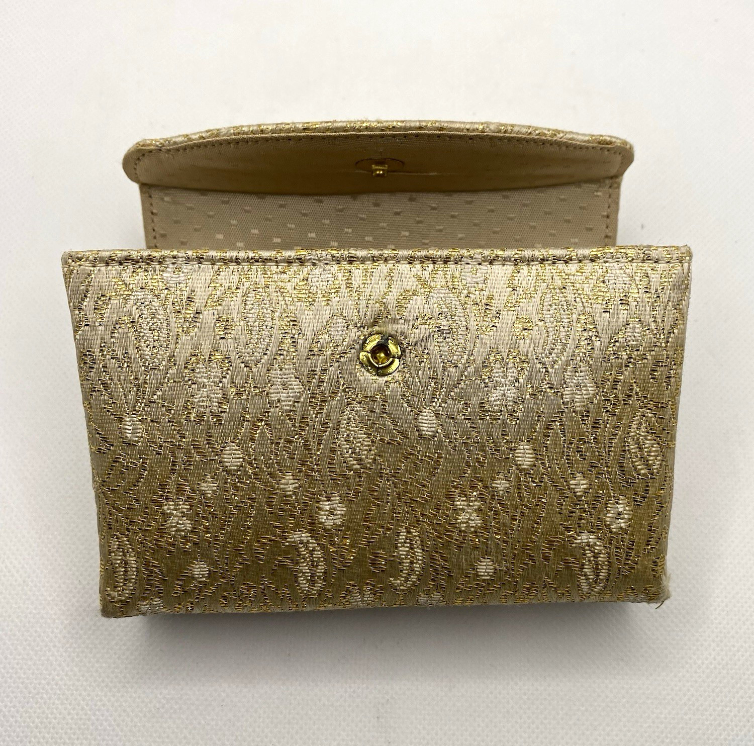 Vintage Gold Brocade Vanity Purse Evening Bag Built In Mirror Mid Century