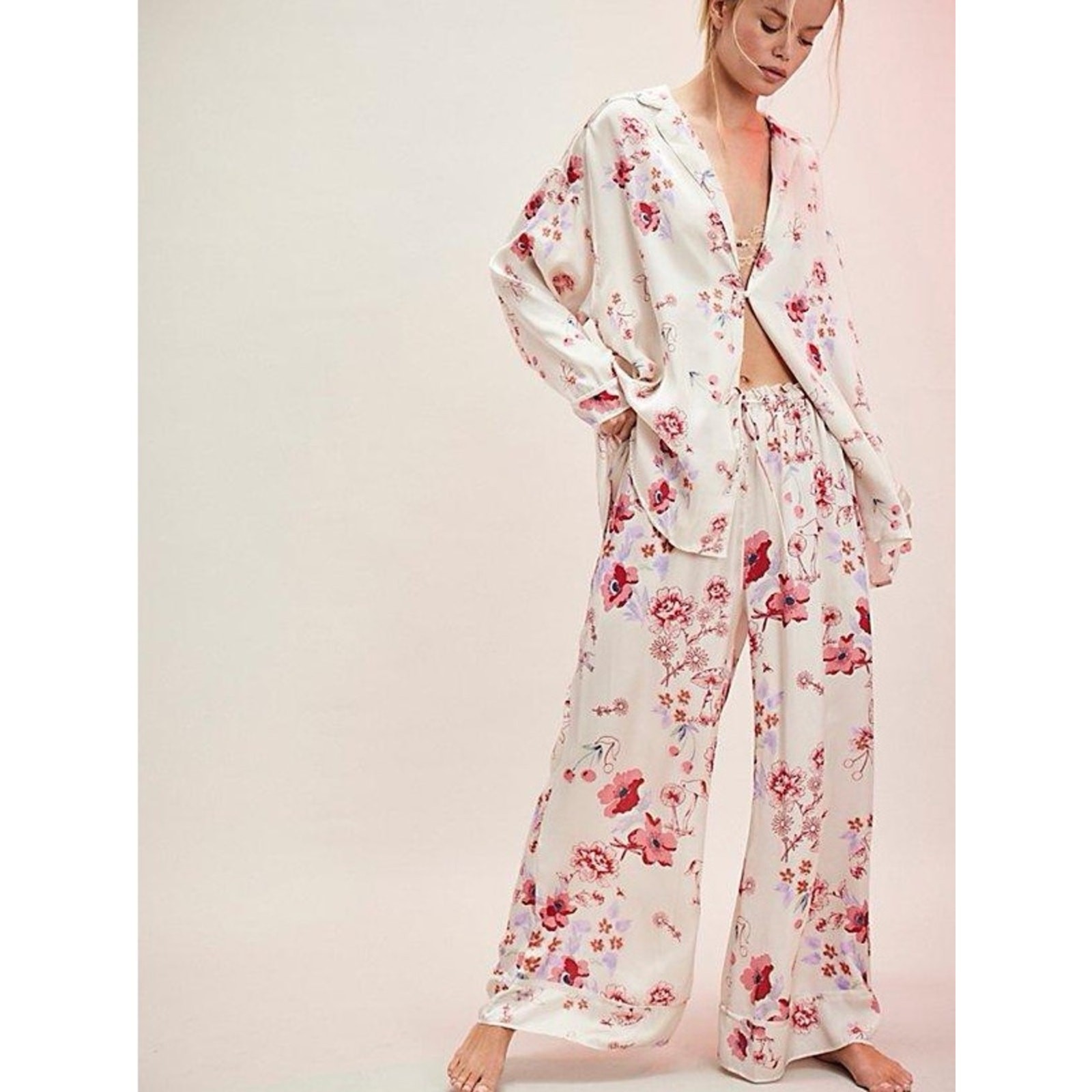 Free People Intimately Pink Floral Cream Women’s Pajama Set Size L