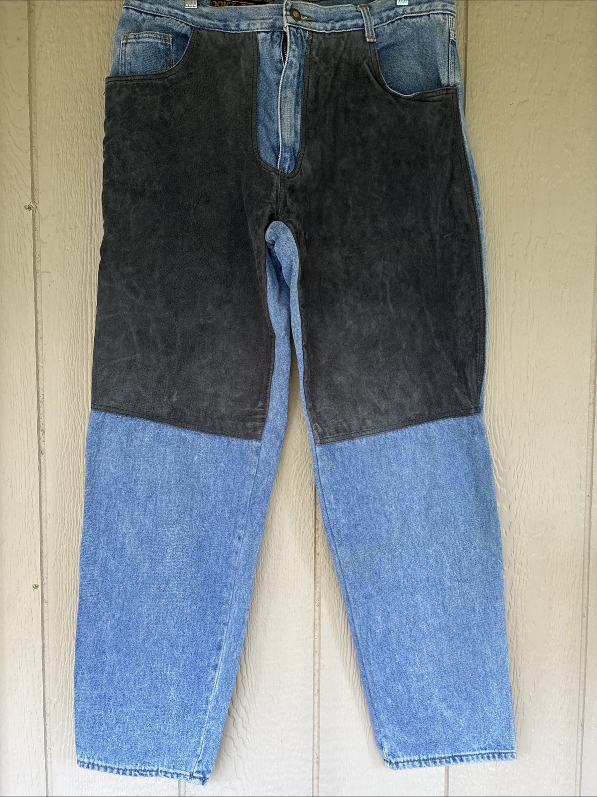 Vintage 80s black leather chaps denim jeans men’s