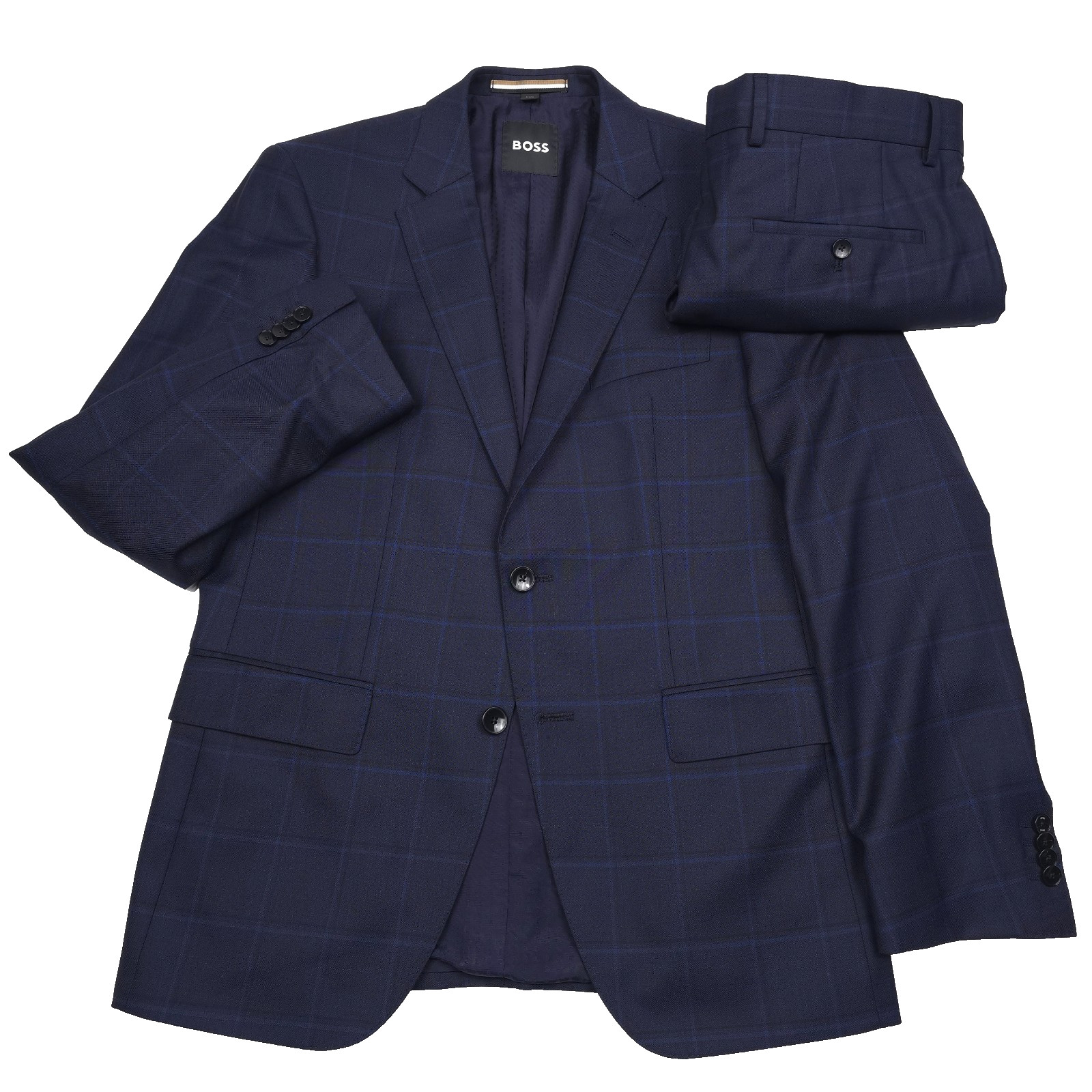 Hugo Boss Huge-224 Wool Suit Mens 38R Slim Fit Dark Blue Tonal Plaid Super 130s
