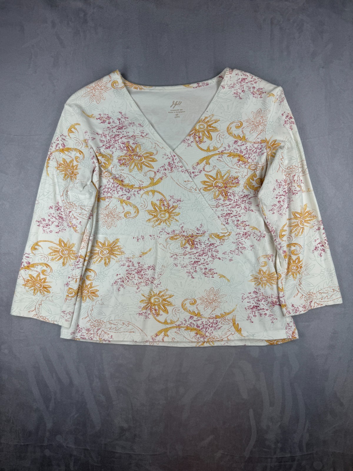 J. Jill Sun Flower Print Pima Cotton Crossover Tee Size S Petite 3/4 Sleeve NWOT