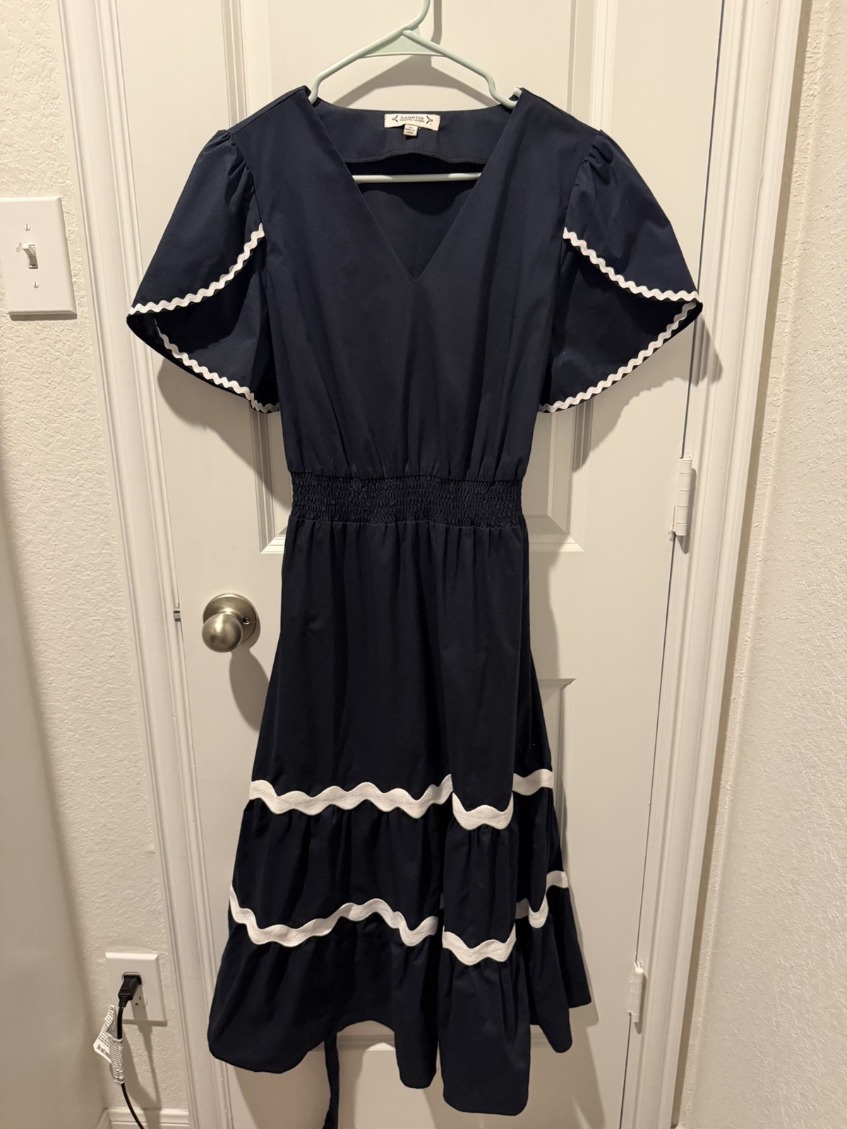 Nanette Lepore Navy/White Solid V-Neck Flutter Sleeve Ricrac Midi Dress 10