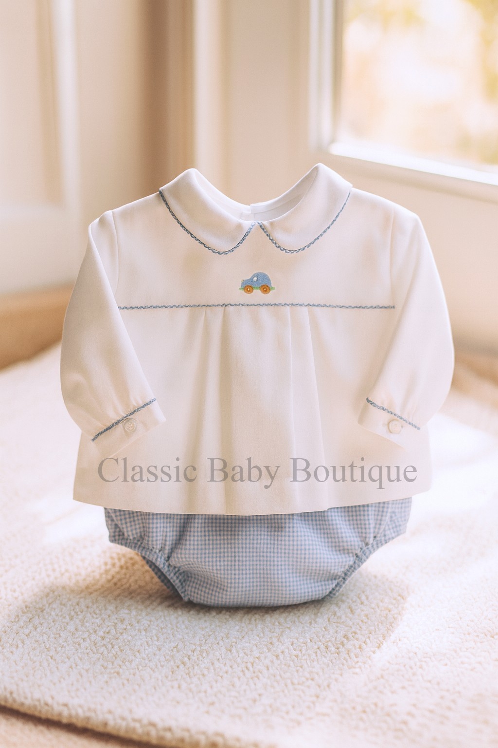 NWT Petit Ami White Blue 2pc Car Long Sleeve Diaper Set Newborn Baby Boys NB