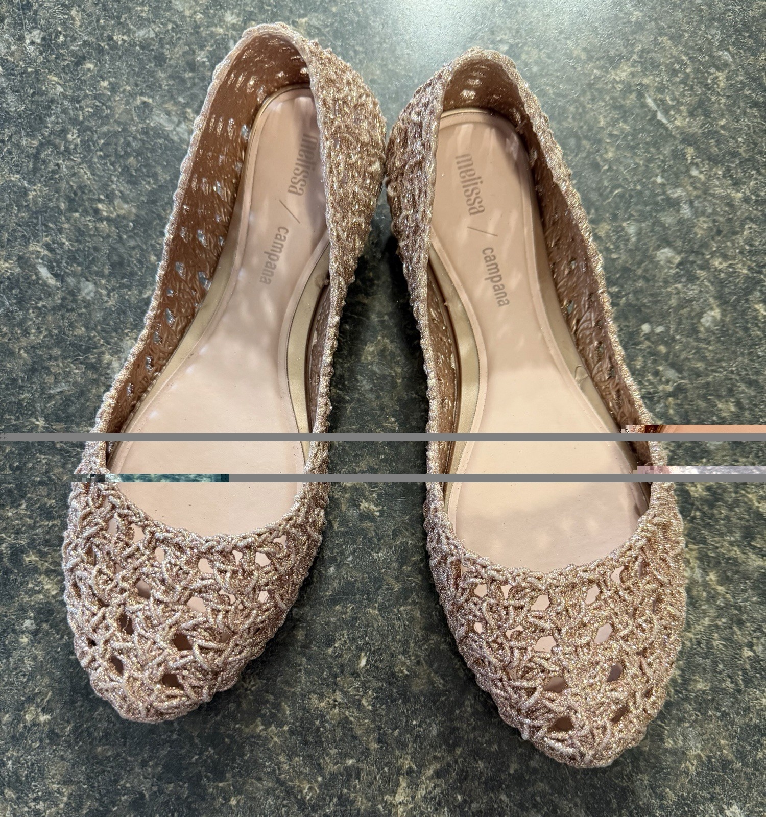 Rose gold glitter Melissa Campana flats size 8 in excellent condition