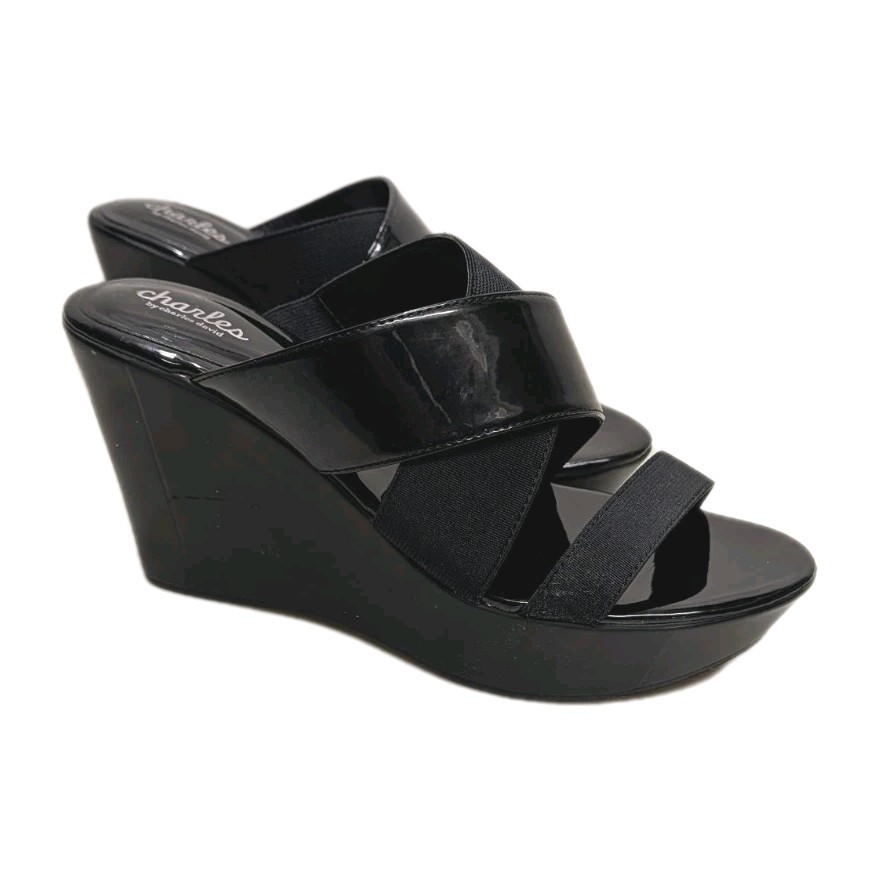 NWOB Charles by Charles David Womens 9 Black 4 Inch Wedge Elastic Strap Sandals