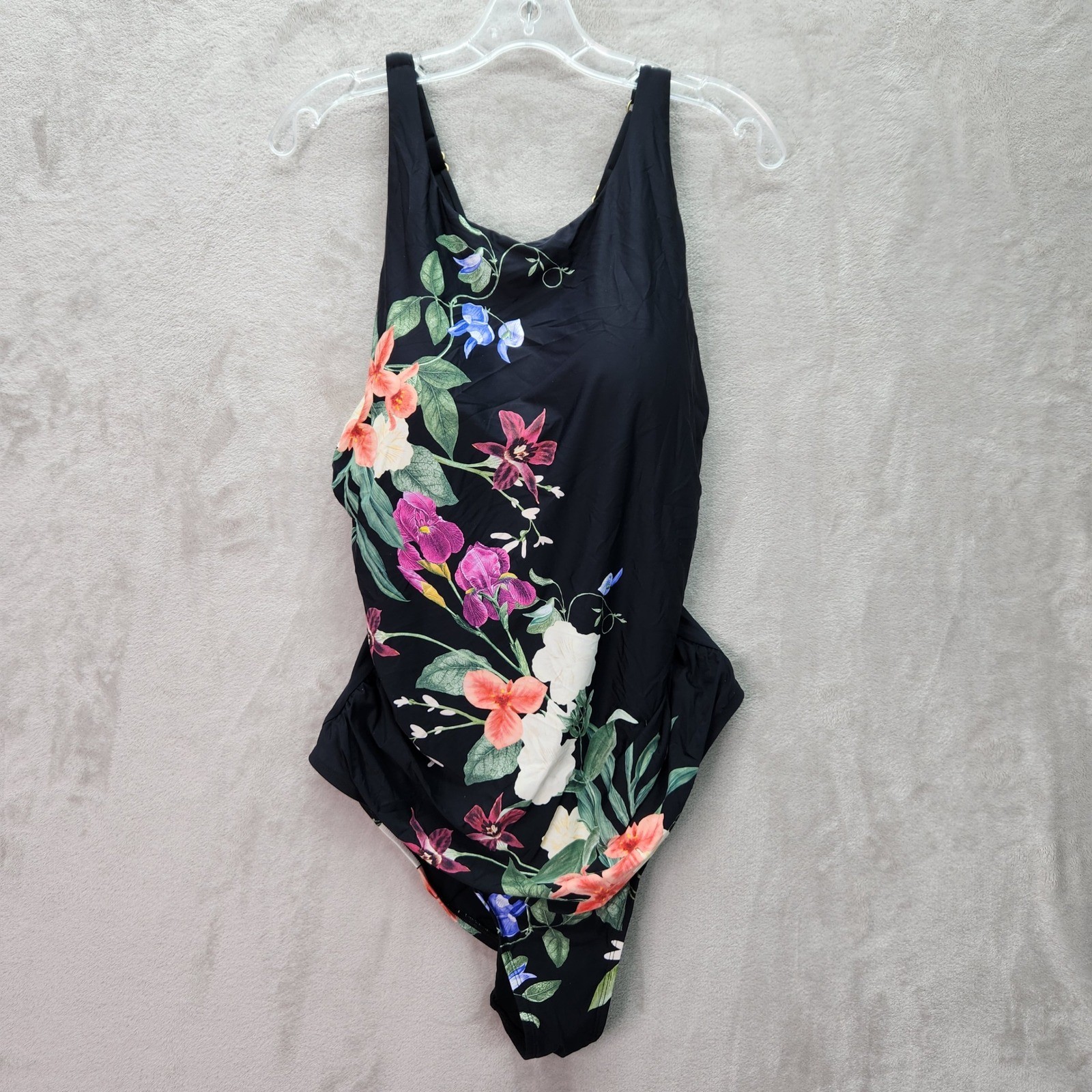 Jantzen Layla Cross Back High Neck One Piece Swimsuit 20W Black Floral A642650