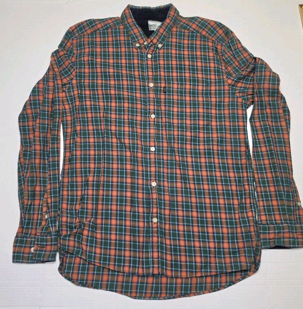 Men’s Extra Large XL Button Down Long Sleeve Shirt WeSC Orange Green Plaid
